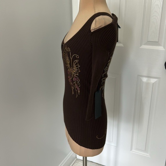 Ed Hardy Brown Ribbed Rhinestone Cold Shoulder Sweater - Picture 7 of 12